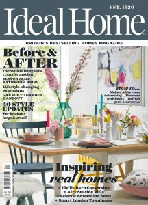 Cover of Ideal Home magazine, featuring articles on bungalow transformations, kitchen and bathroom projects, and inspiring real homes.