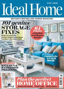 Cover of Ideal Home magazine, highlighting articles on storage solutions, kitchen and bathroom projects, and designing a perfect home office.