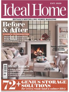 Cover of Ideal Home magazine, featuring articles on kitchen transformations, real homes, and storage solutions, with an image of a cozy living room with a fireplace.