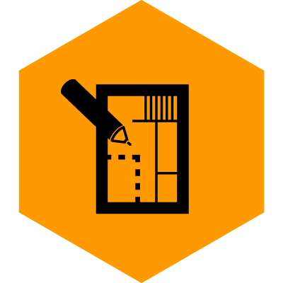 Hexagonal icon with an orange background, depicting a pen drawing a floor plan.